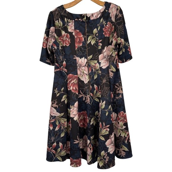 Roz & Ali Keyhole Suba Knit Dress Women's Blue Floral Short Sleeve Size 14 - Picture 2 of 5
